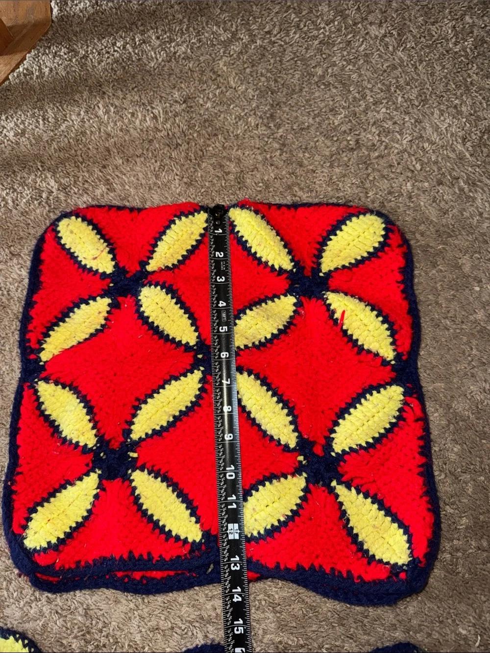 Vintage Handmade Crochet Afghan Blanket Red Yellow Navy + Matching Pillow case